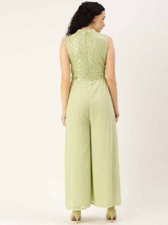Bollywood Vogue Ready To Wear Green Embroidered Collar Neck Jumpsuit - Back View