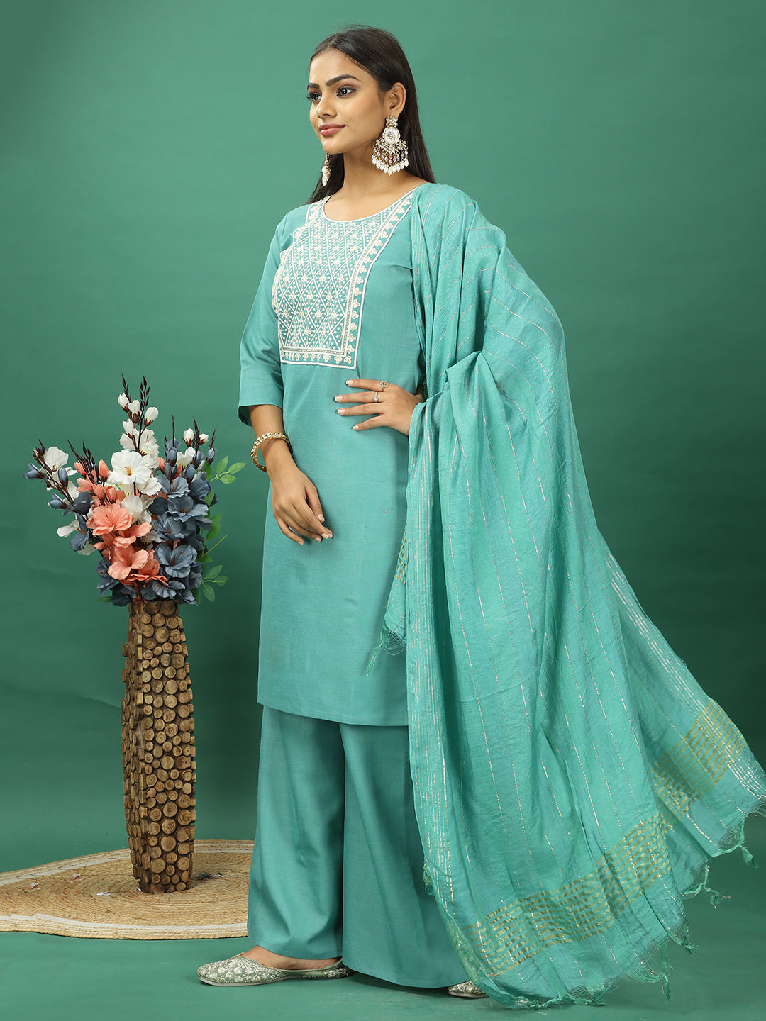 Bollywood Vogue Ready To Wear Green Rayon Embroidered Palazzo Suit - Side View