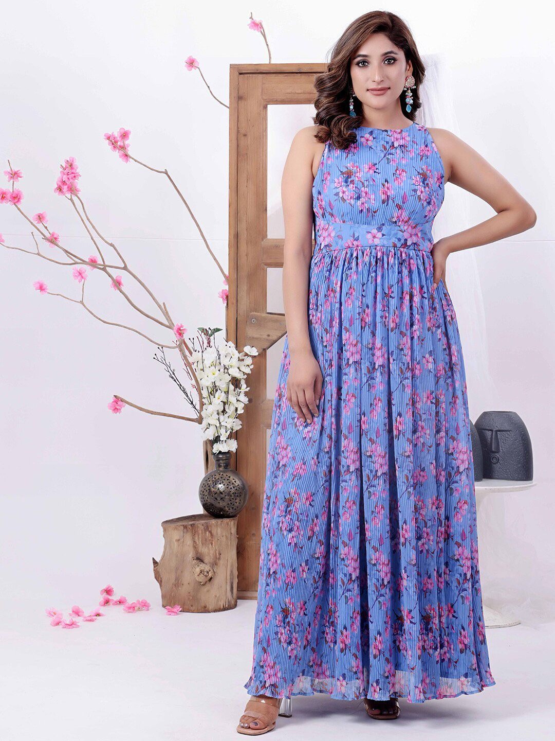 Bollywood Vogue Ready To Wear Blue Printed Georgette Pleated Dress - Front View