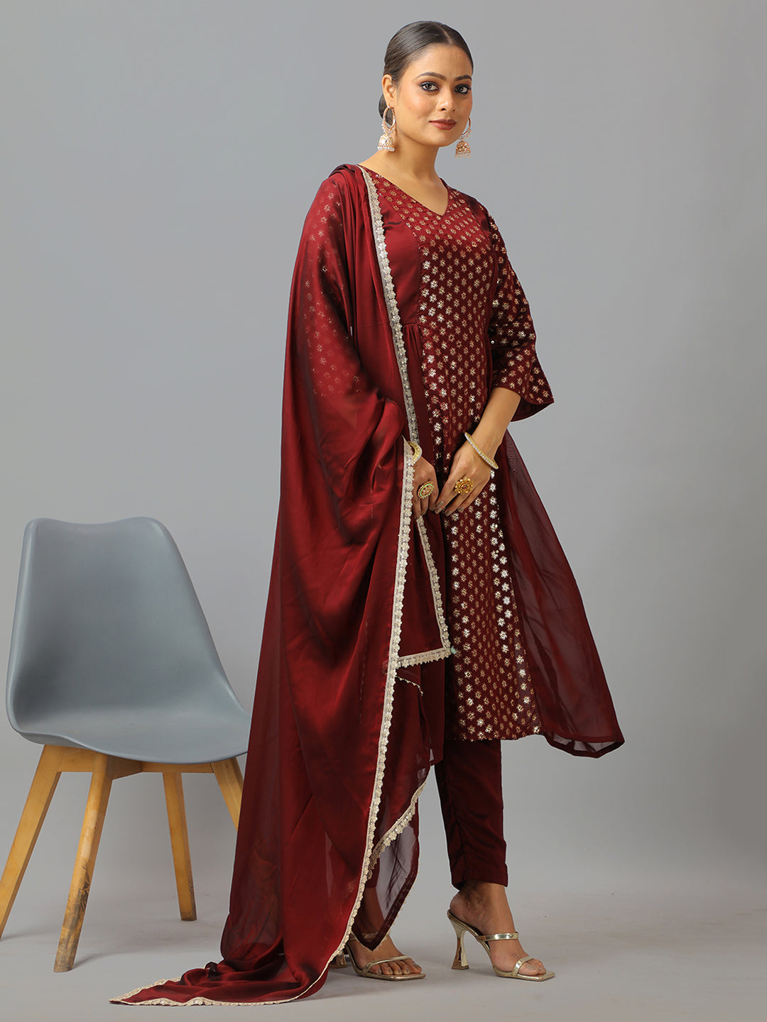 Bollywood Vogue Ready To Wear Dark Brown Silk Embroidered Straight Pant Suit - Side View