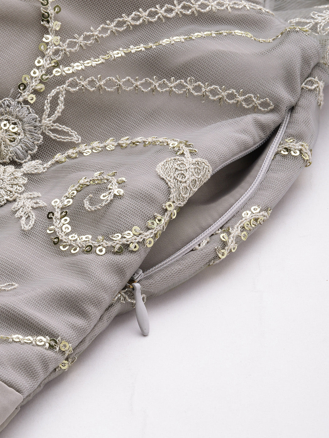 Bollywood Vogue Ready To Wear Grey Net Embroidered N French Crepe Gown - Detail View