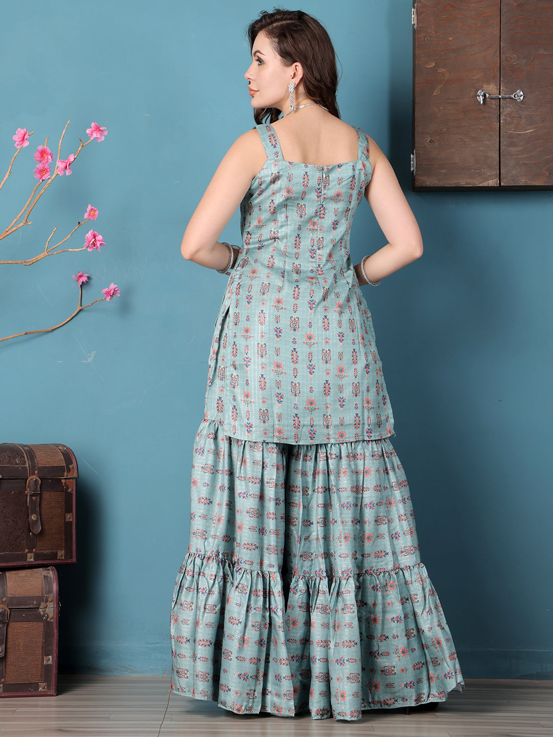Bollywood Vogue Ready To Wear Green Art Silk Digital Printed Gharara Suit - Detail View
