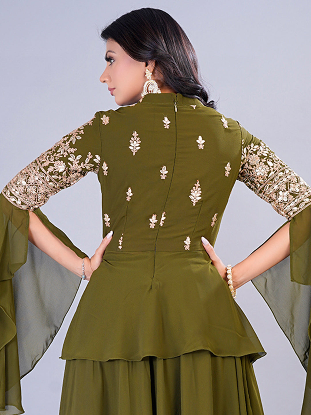 Bollywood Vogue Ready To Wear Green Embroidered Georgette Skirt Set - Look Shot