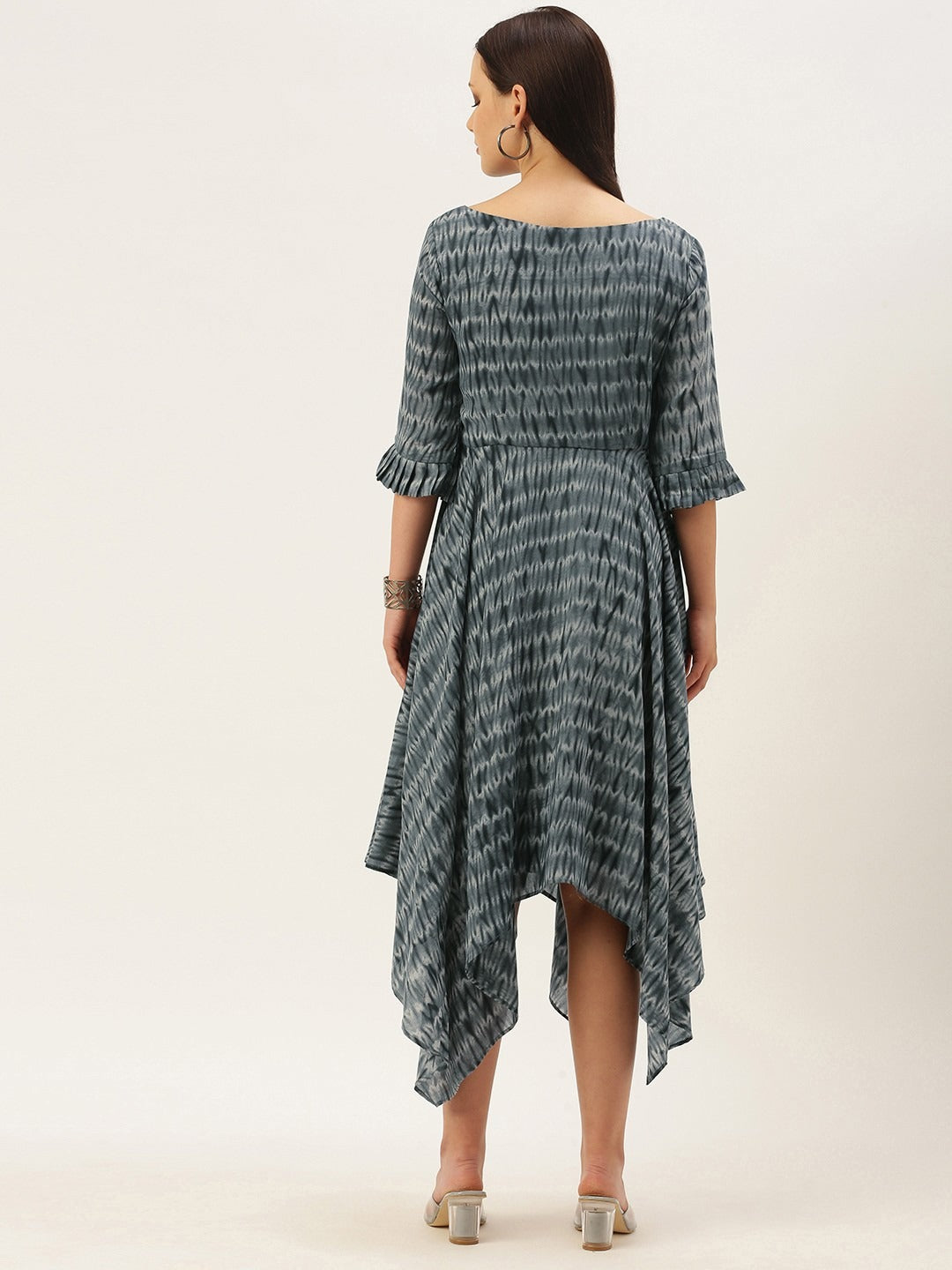 Bollywood Vogue Ready To Wear Grey N Black Muslin Handkerchief Style Dress - Back View