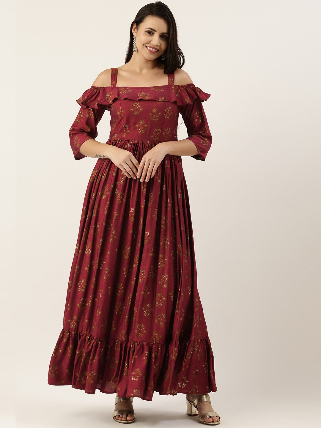 Bollywood Vogue Ready To Wear Maroon Rayon Printed Strap Neckline Dress - Front View