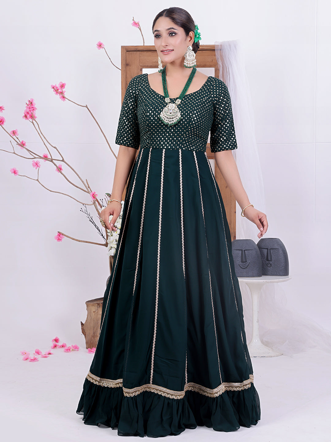 Bollywood Vogue Ready To Wear Green Embroidered Georgette Kali Gown - Front View