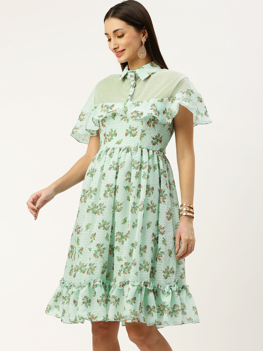 Bollywood Vogue Ready To Wear Mint Green Georgette Digital Printed Dress - Look Shot