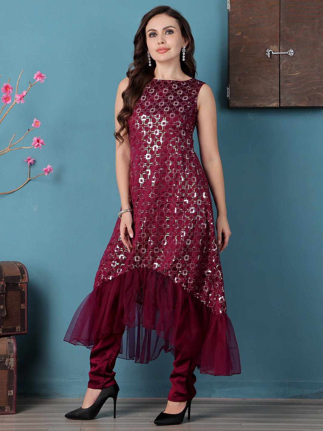 Bollywood Vogue Ready To Wear Wine Georgette Asymmetrical Straight Pant Suit - Additional View 2