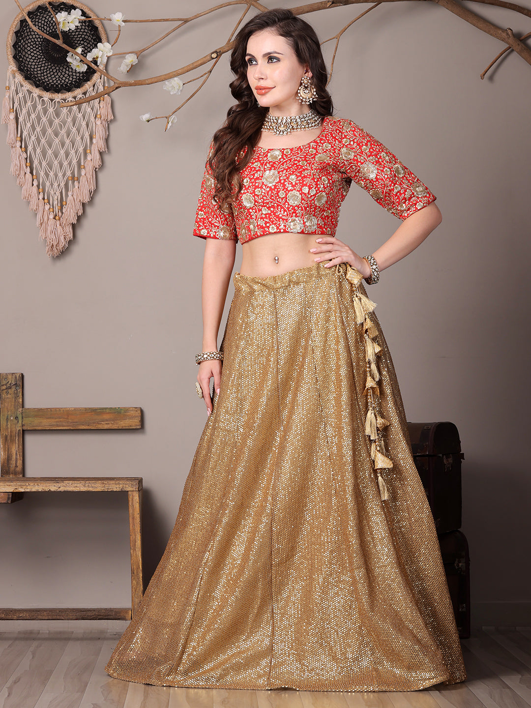Bollywood Vogue Ready To Wear Red Embroidered N Gold Sequins Lehenga Set - Side View