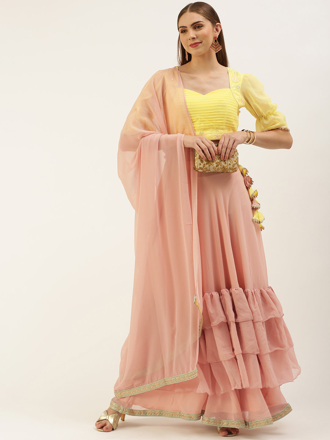 Bollywood Vogue Ready To Wear Yellow N Pink Embroidered Layered Lehenga Set - Side View