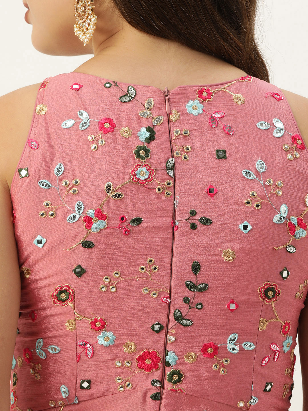 Bollywood Vogue Ready To Wear Rouge Pink N Blue Chinon Embroidered Skirt Set - Additional View 1