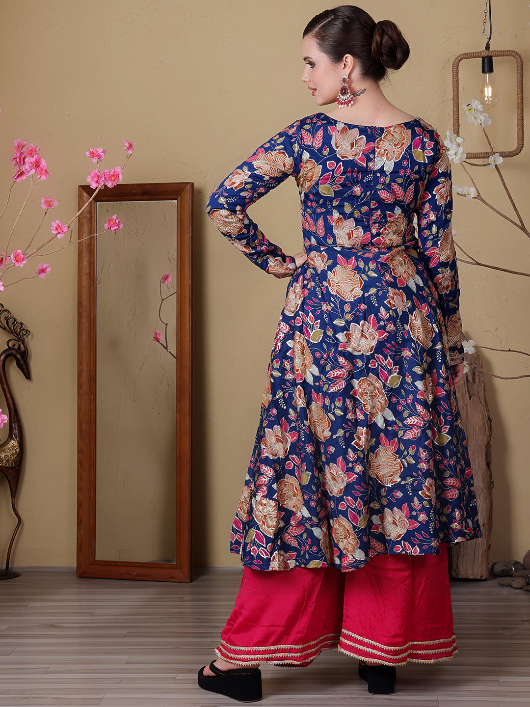 Bollywood Vogue Ready To Wear Blue Viscose Printed N Pink Chinon Anarkali Suit - Detail View