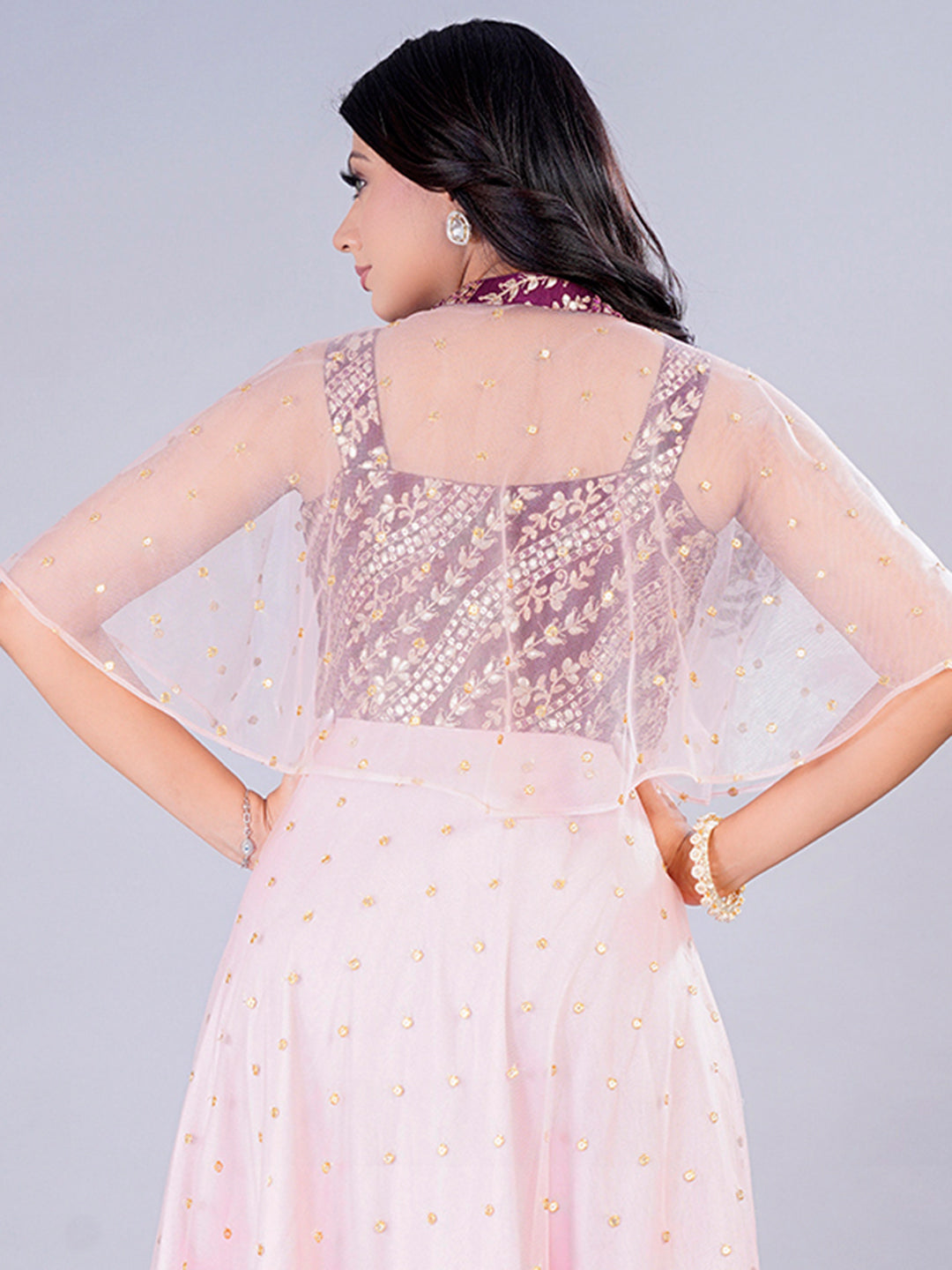 Bollywood Vogue Ready To Wear Wine Chinon N Pink Net Embroidered Gown With Cape - Additional View 1