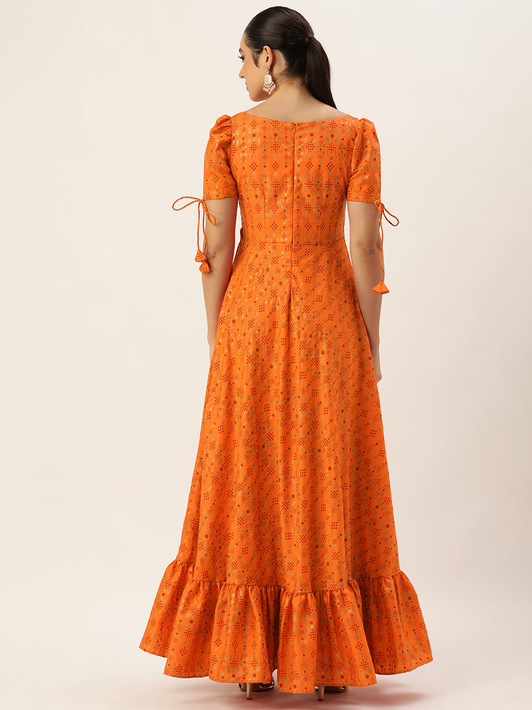 Bollywood Vogue Ready To Wear Orange Rayon Applique Design Gown - Front View