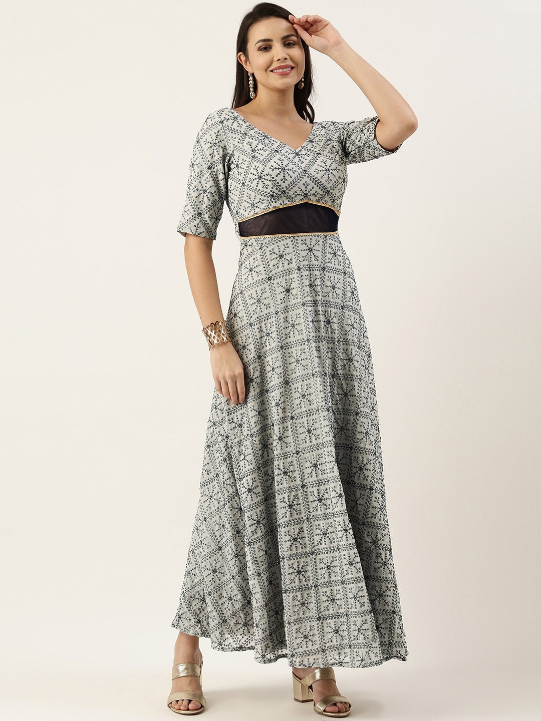 Bollywood Vogue Ready To Wear Grey Embroidered Ankle Length Gown - Look Shot