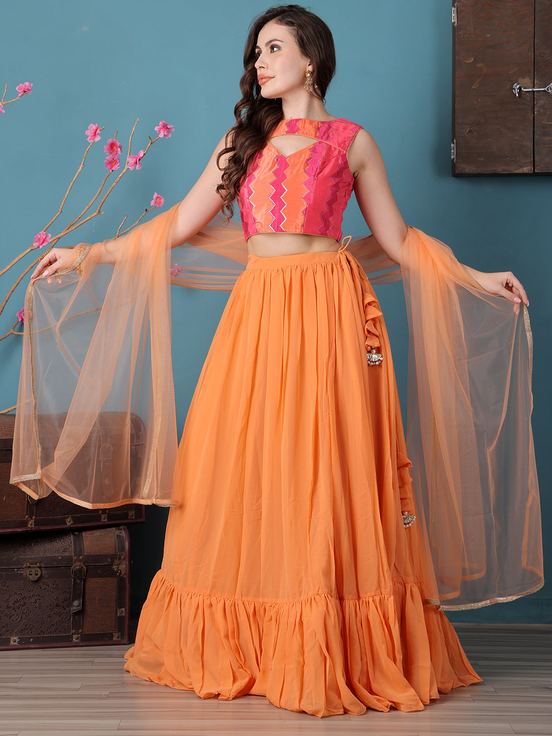 Bollywood Vogue Ready To Wear Pink N Multicolor Chinon Tiered Lehenga - Front View