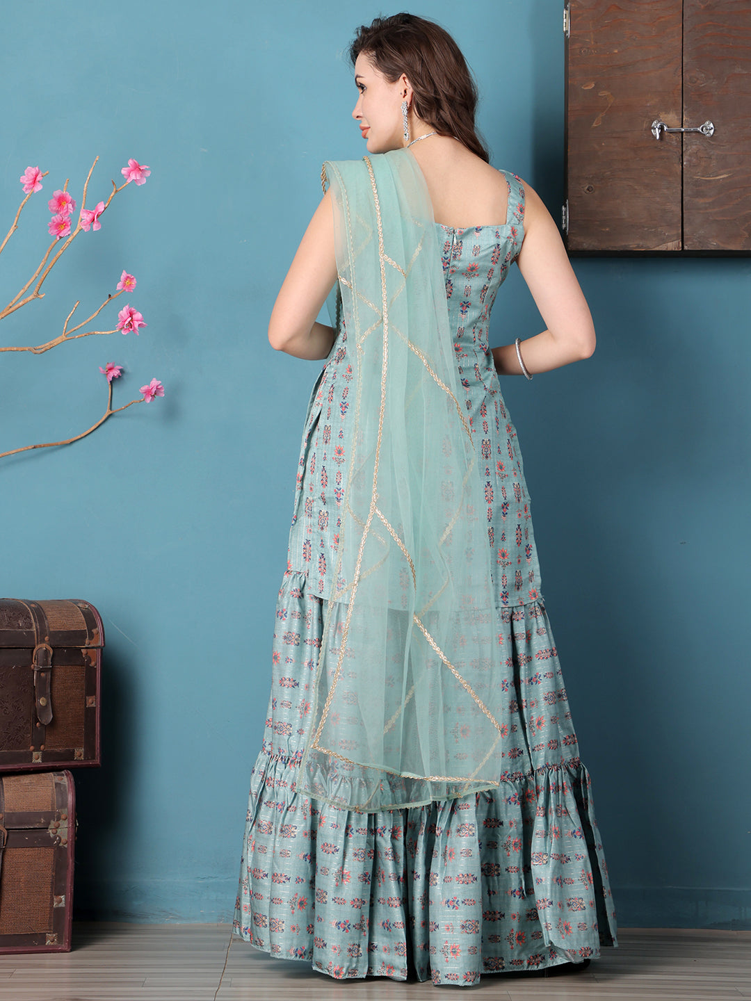 Bollywood Vogue Ready To Wear Green Art Silk Digital Printed Gharara Suit - Back View