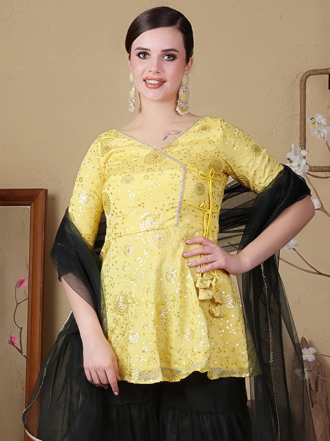 Bollywood Vogue Ready To Wear Yellow Chinon Embroidered N Green Net Gharara Set - Additional View 1