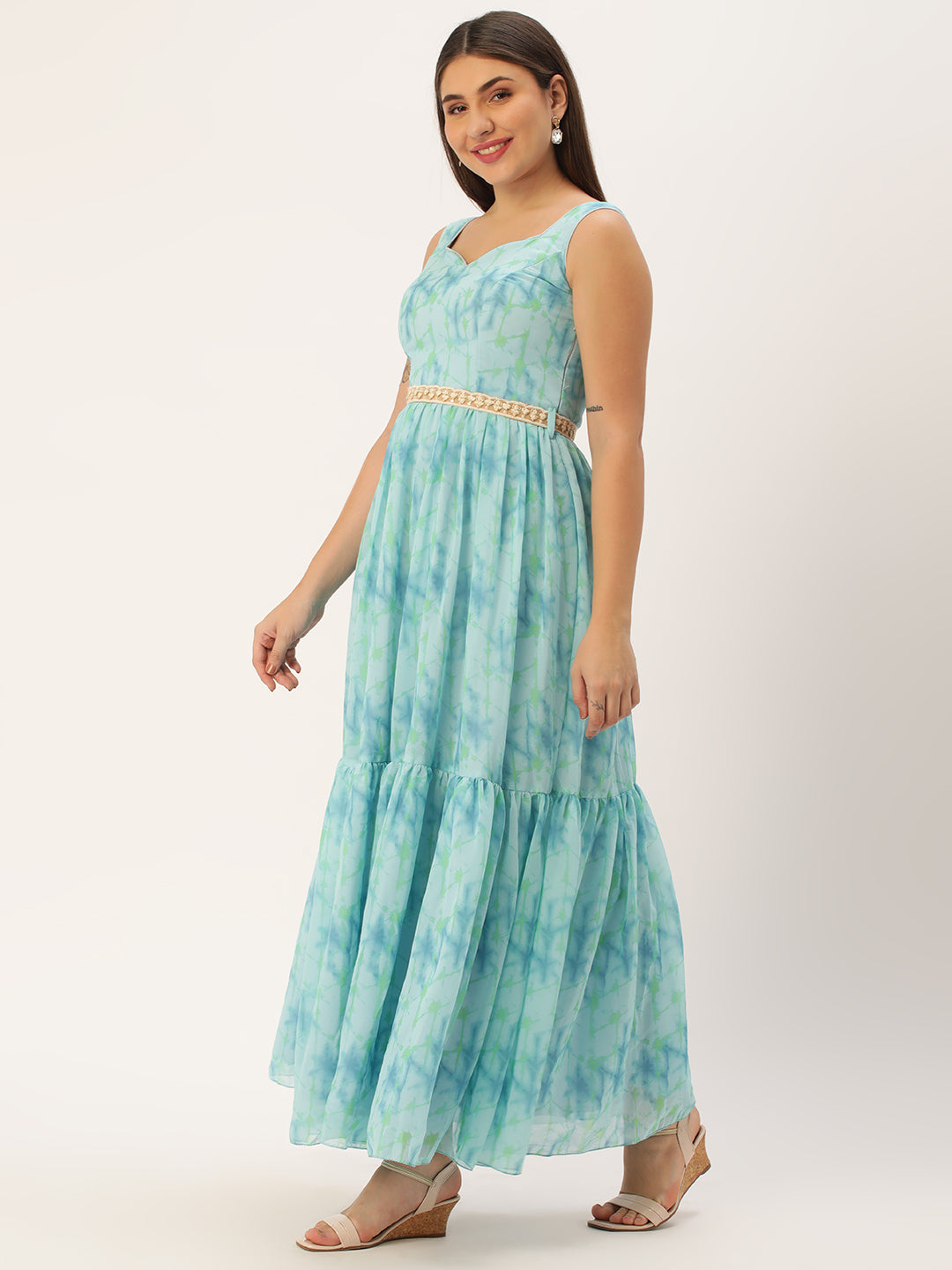 Bollywood Vogue Ready To Wear Blue Digital Print Tiered Dress - Side View