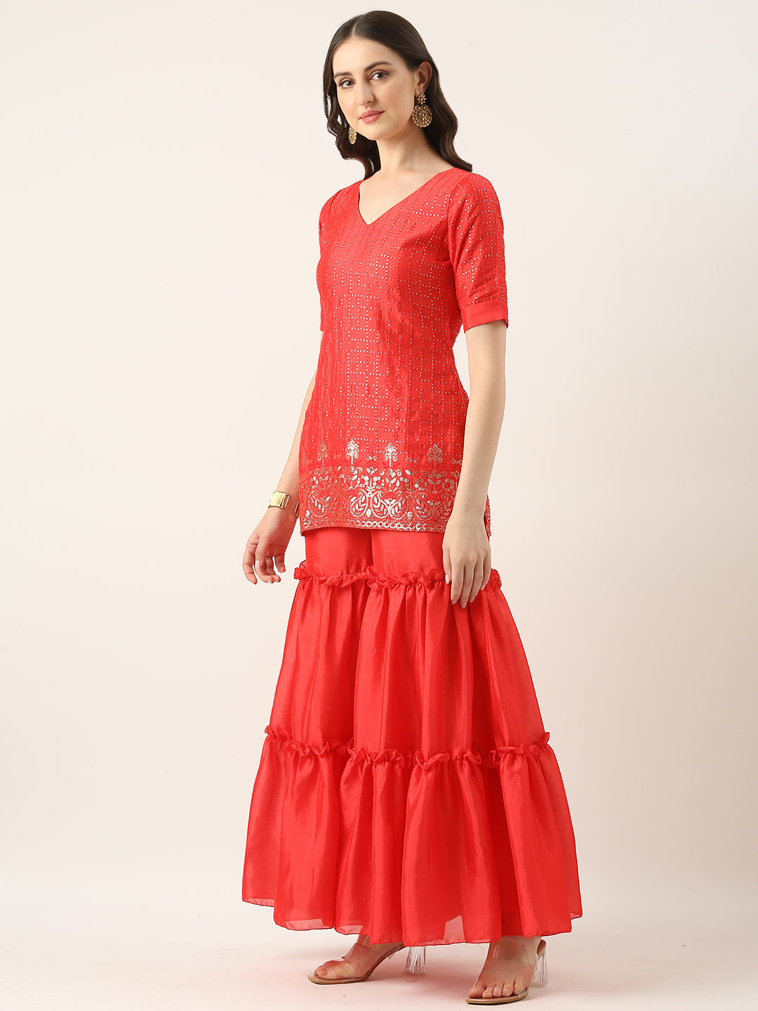 Bollywood Vogue Ready To Wear Coral Pink Chinon Embroidered Sequins Sharara Suit - Side View
