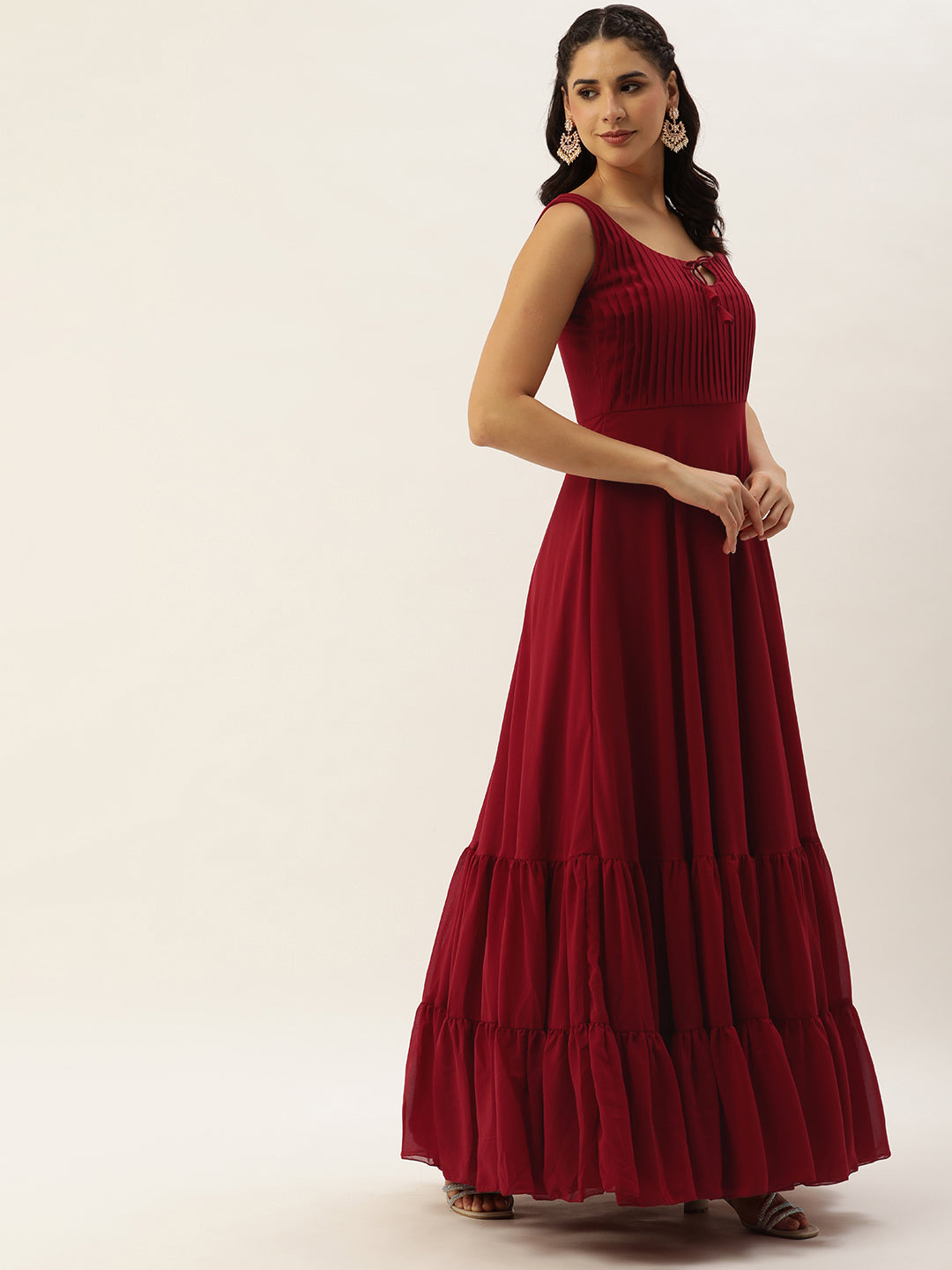 Bollywood Vogue Ready To Wear Maroon Embroidered Georgette Jacket Style Gown - Side View