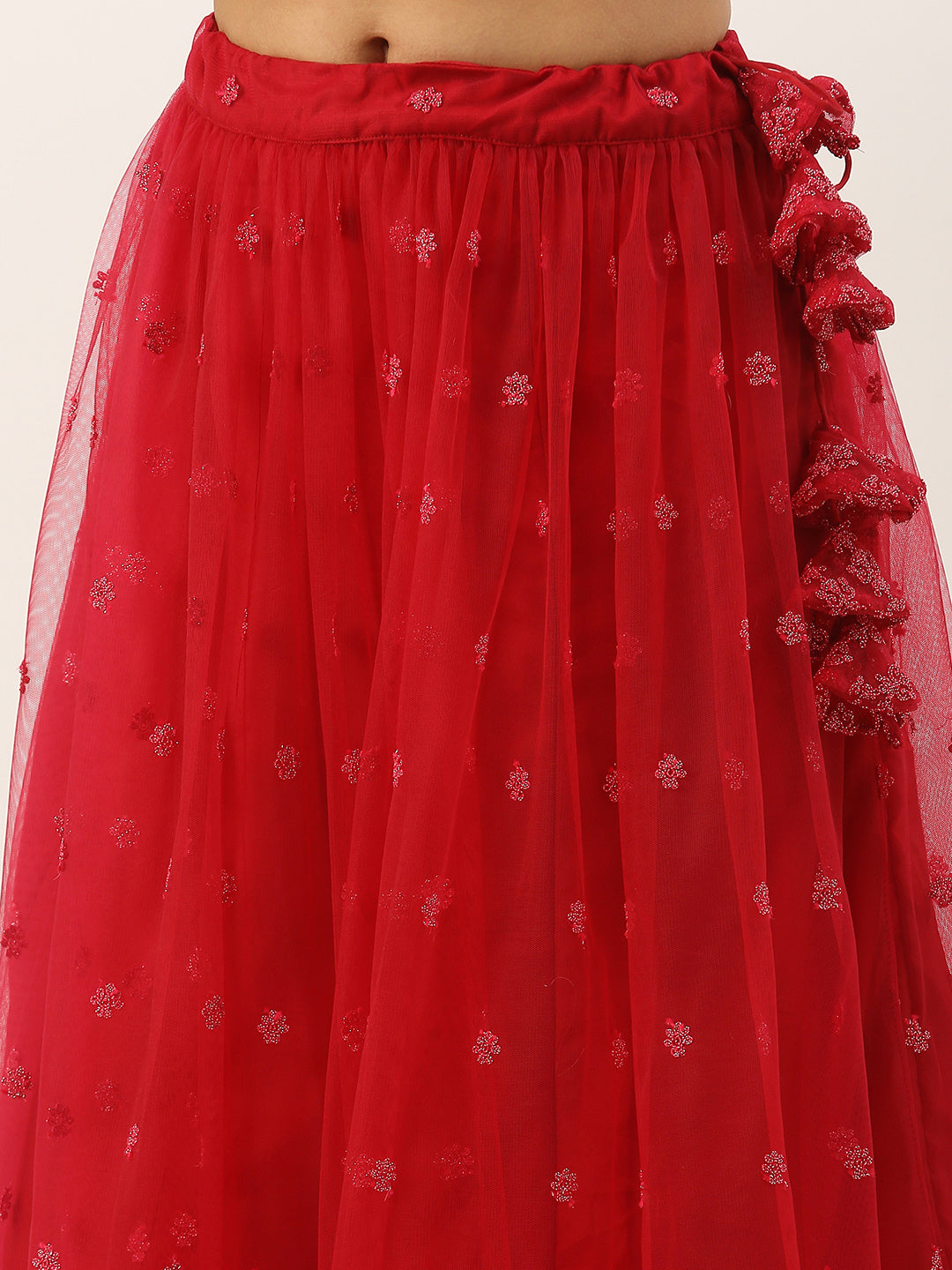 Bollywood Vogue Ready To Wear Red Net Embroidered Gathered Style Lehenga Set - Additional View 1