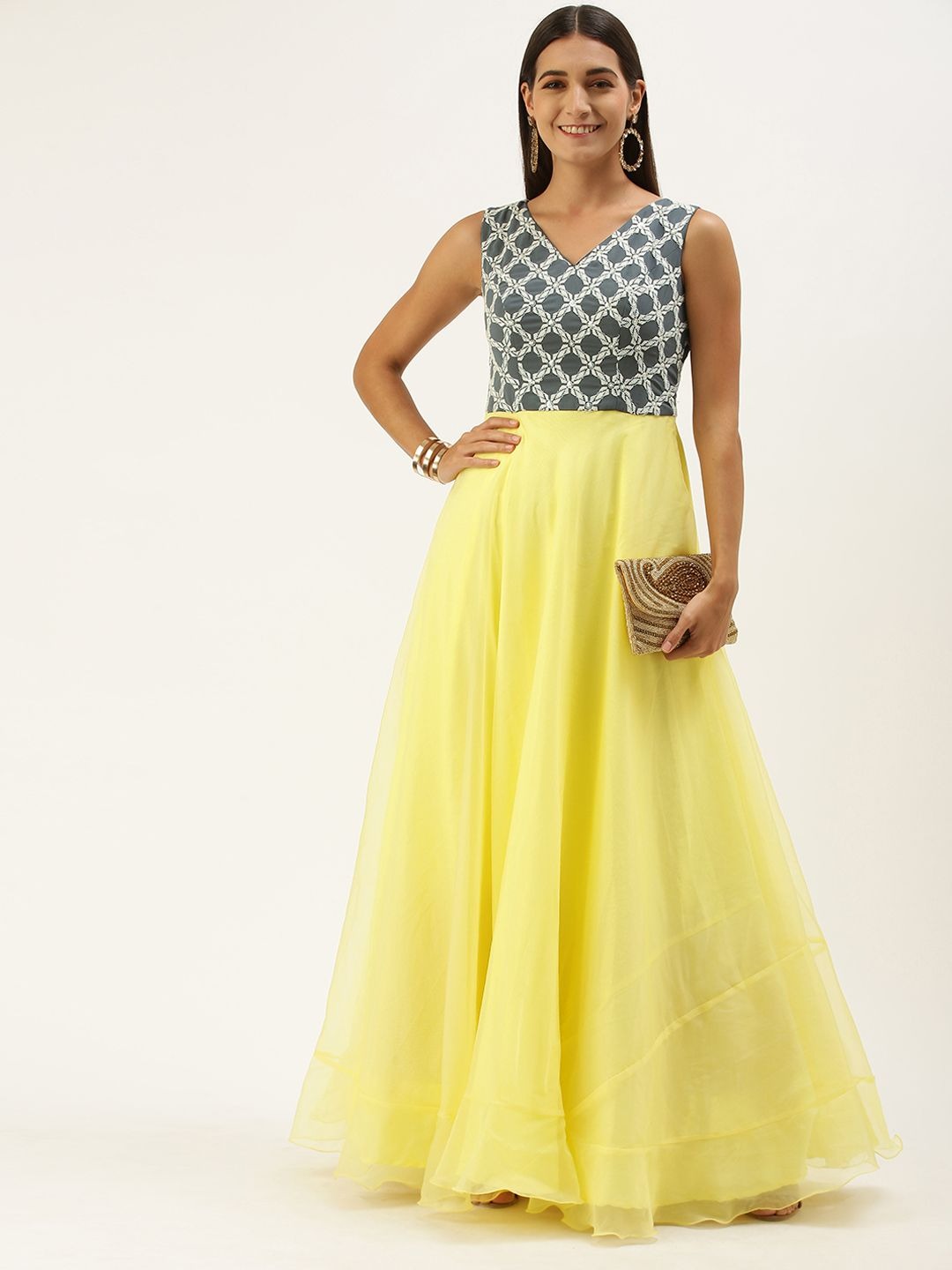 Bollywood Vogue Ready To Wear Grey N Yellow Embroidered Floor Length Gown - Front View