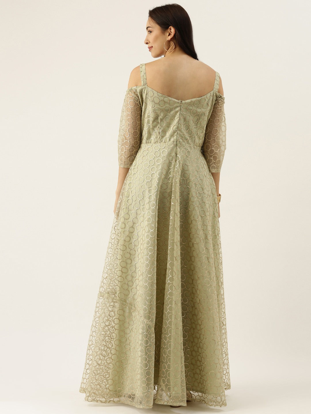 Bollywood Vogue Ready To Wear Green Net Embroidered Strap Neck Gown - Back View