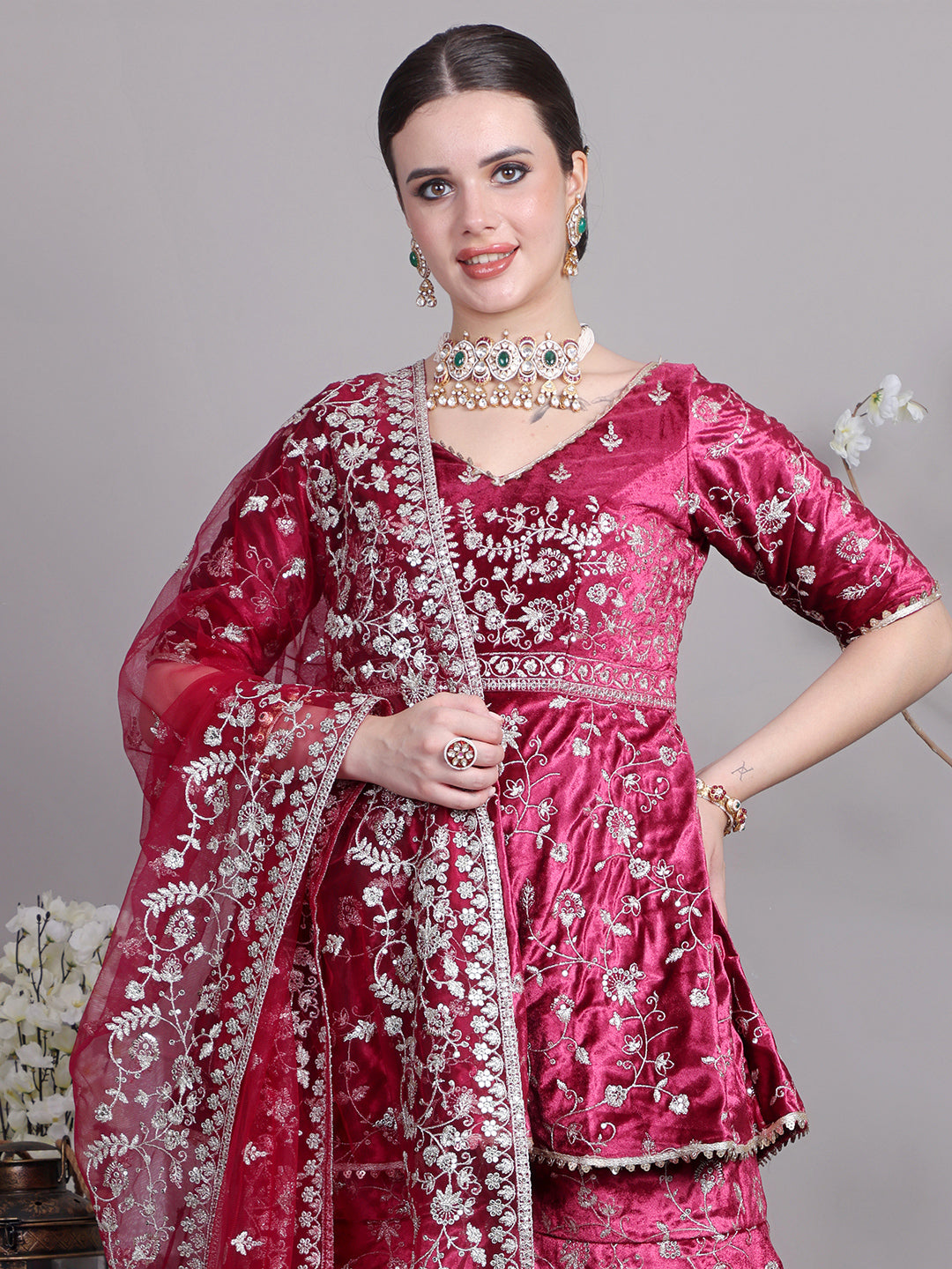 Bollywood Vogue Ready To Wear Classic Top With Velvet Embroidered Sharara Suit - Detail View