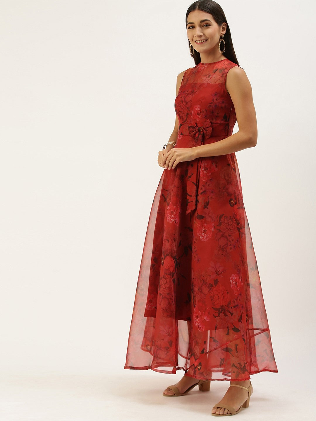 Bollywood Vogue Ready To Wear Red Organza Digital Printed Dress - Look Shot