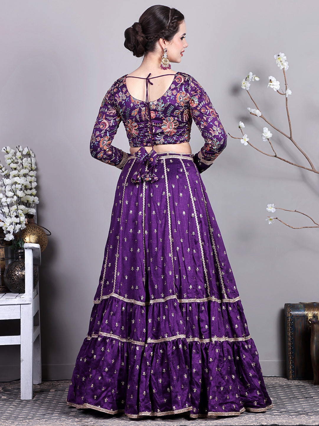 Bollywood Vogue Ready To Wear Classic Blouse With Art Silk N Net Lehenga Set - Detail View
