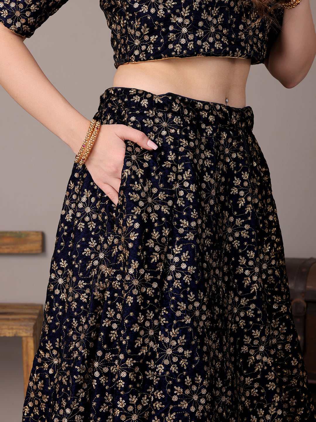 Bollywood Vogue Ready To Wear Blue Embroidered Velvet Lehenga - Back View