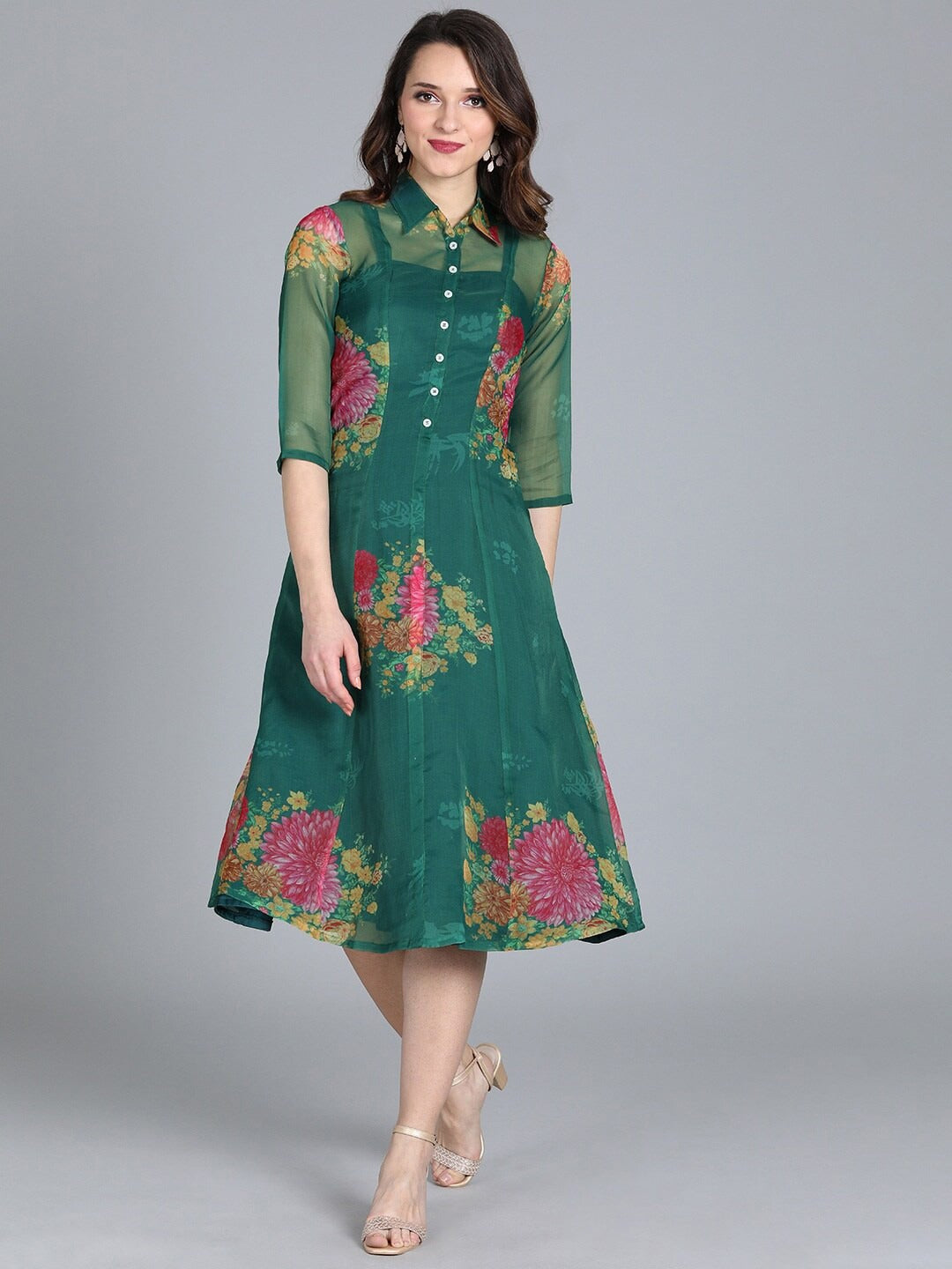 Bollywood Vogue Ready To Wear Green Coat Styled Dress - Front View