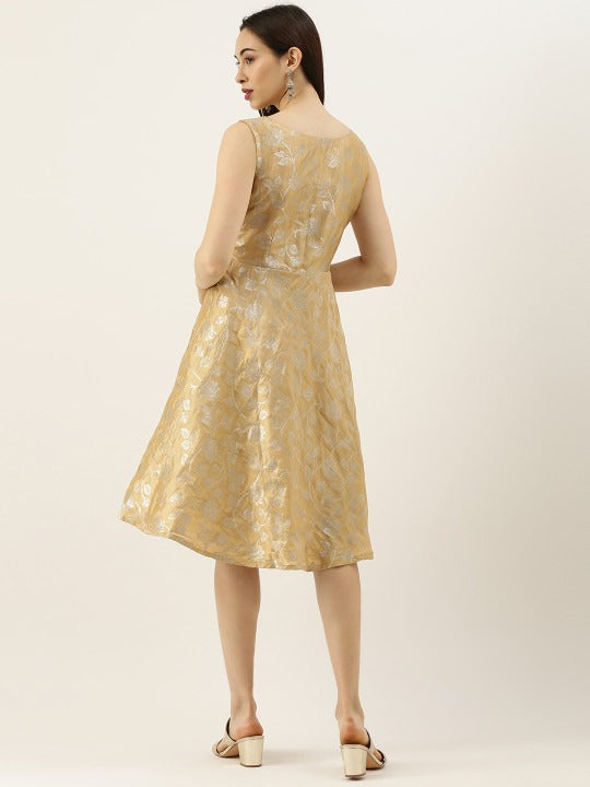 Bollywood Vogue Ready To Wear Beige Brocade Boat Neck Flared Dress - Back View