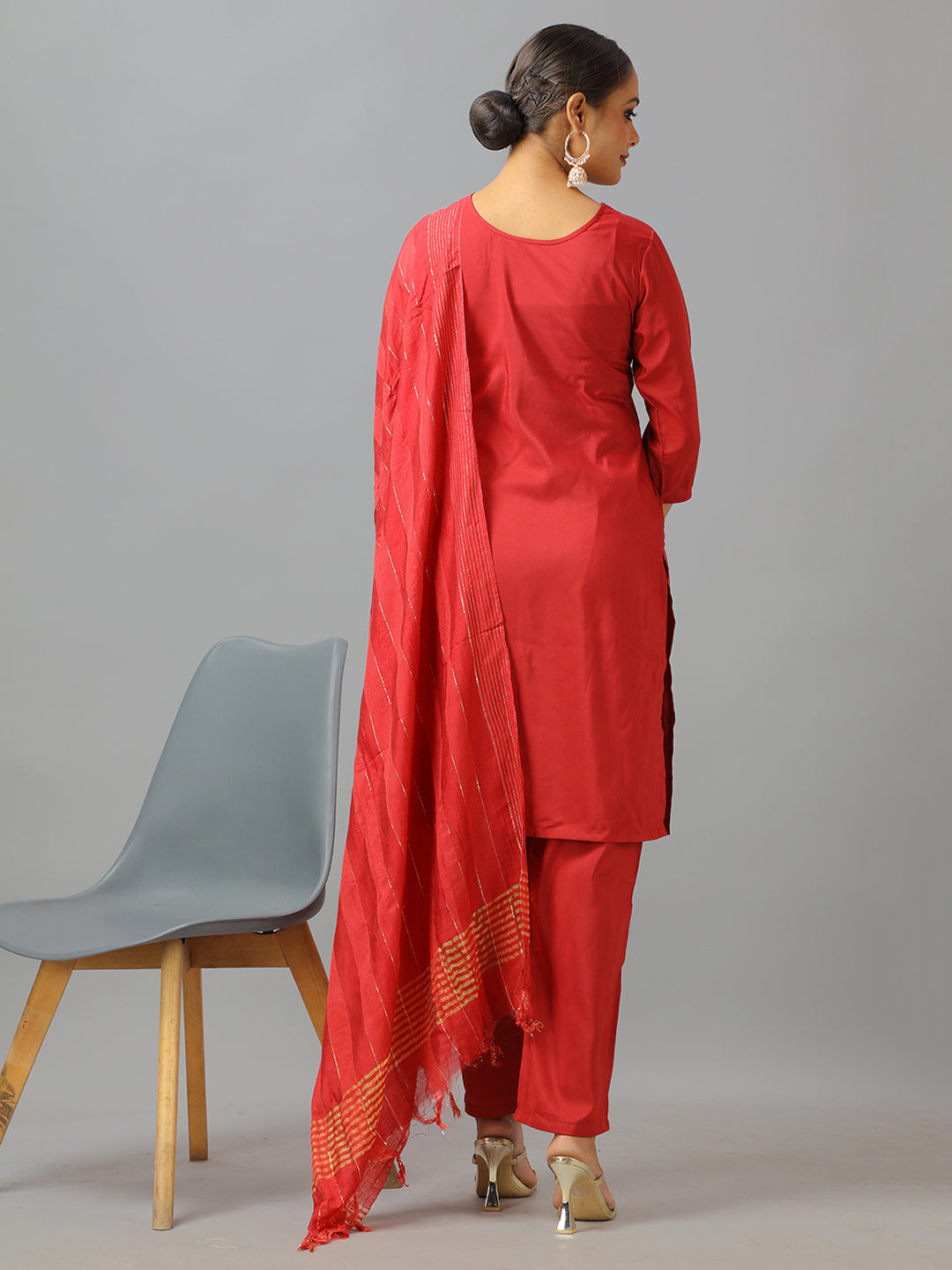 Bollywood Vogue Ready To Wear Maroon Art Silk Embroidered Straight Pant Suit - Back View
