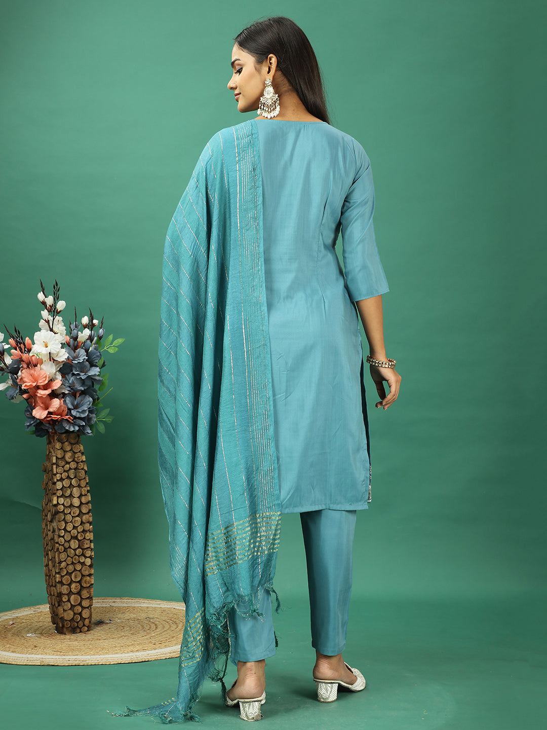 Bollywood Vogue Ready To Wear Turquoise Blue Silk Narrow Straight Pant Suit - Back View
