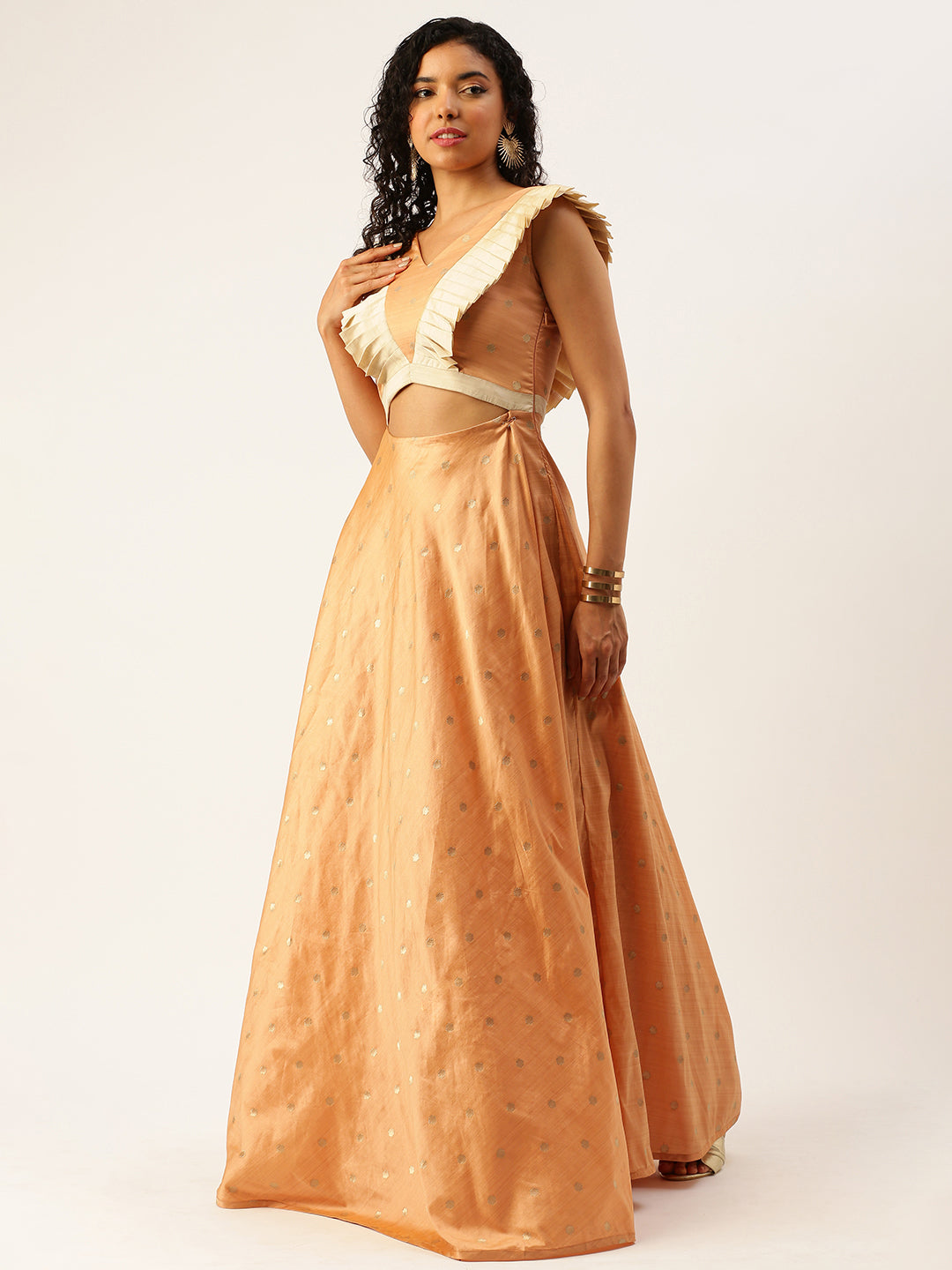 Bollywood Vogue Ready To Wear Peach Art Silk Jacquard Ruffled Dress - Side View