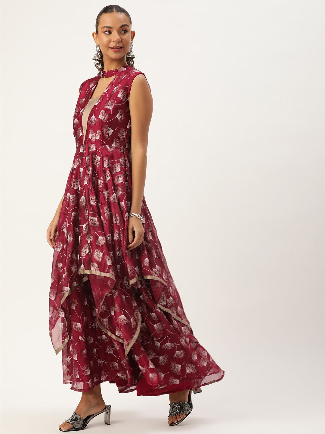 Bollywood Vogue Ready To Wear Maroon Satin Blend Foil Printed Dress - Side View