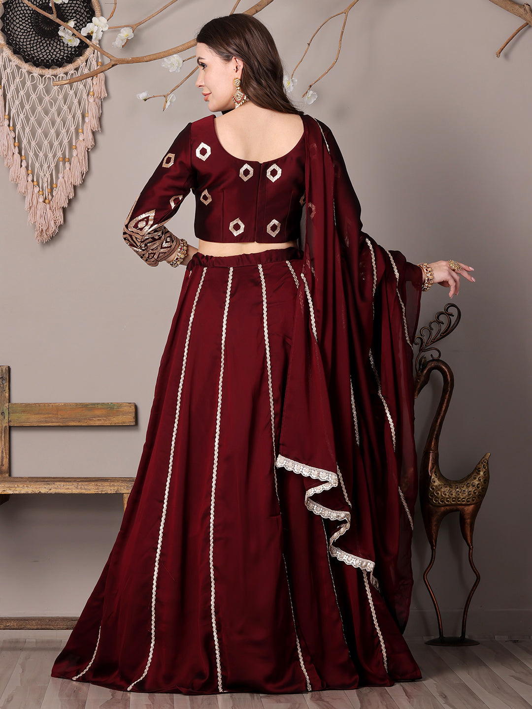 Bollywood Vogue Ready To Wear Wine Silk Embroidered Kali Style Lehenga - Back View