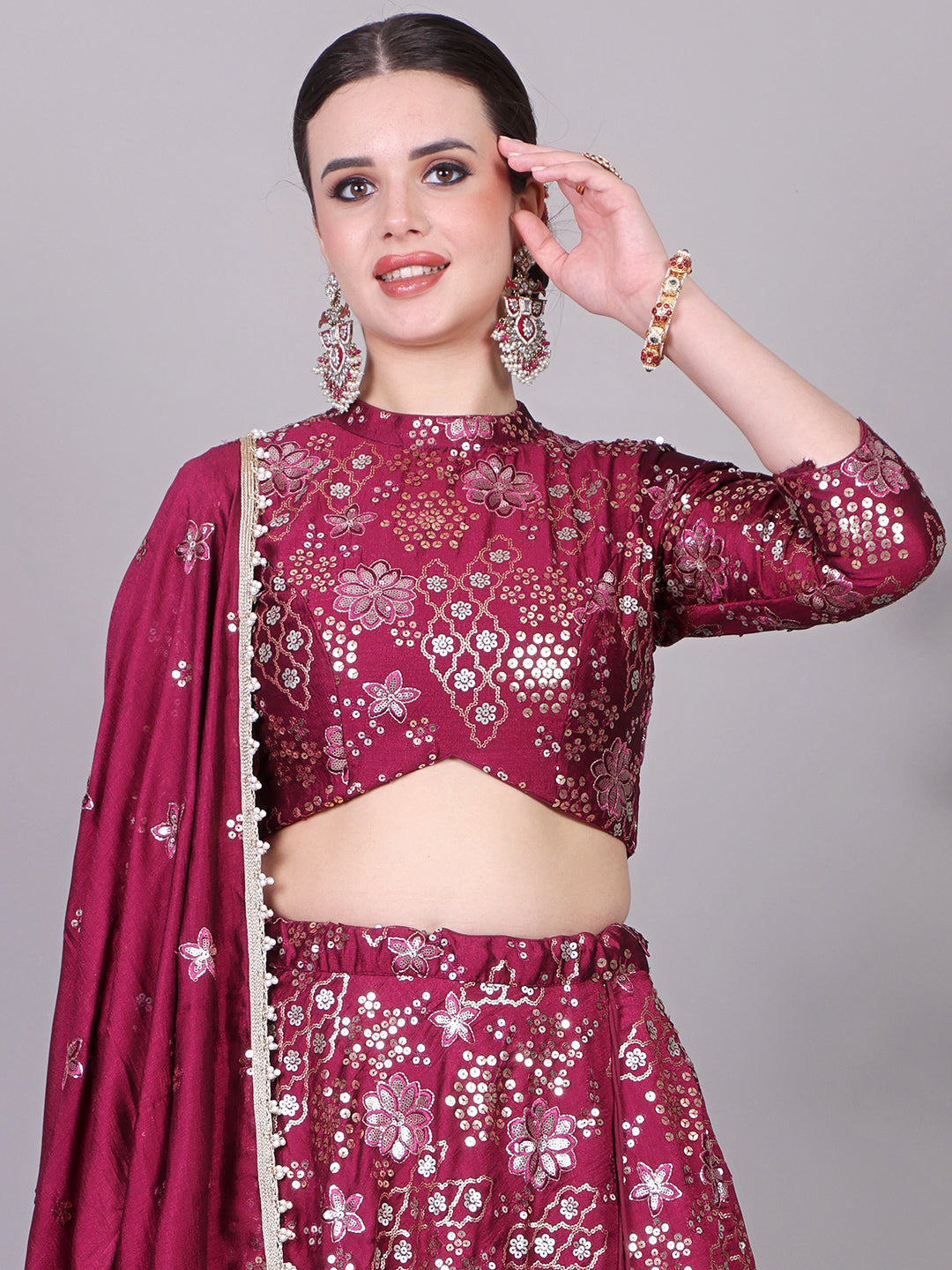 Bollywood Vogue Ready To Wear Classic Blouse With Wine Embroidered Lehenga Set - Look Shot