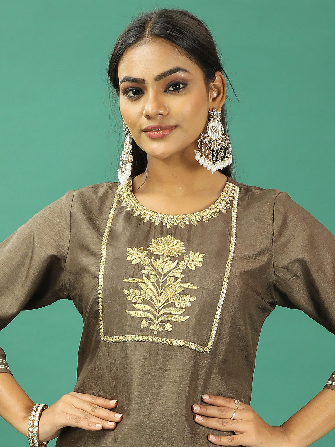 Bollywood Vogue Ready To Wear Green Art Silk Straight Pant Suit - Detail View