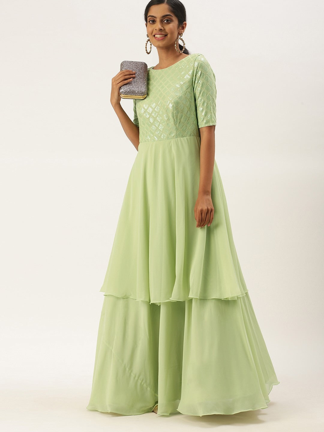 Bollywood Vogue Ready To Wear Green Georgette Embroidered Layered Gown - Look Shot