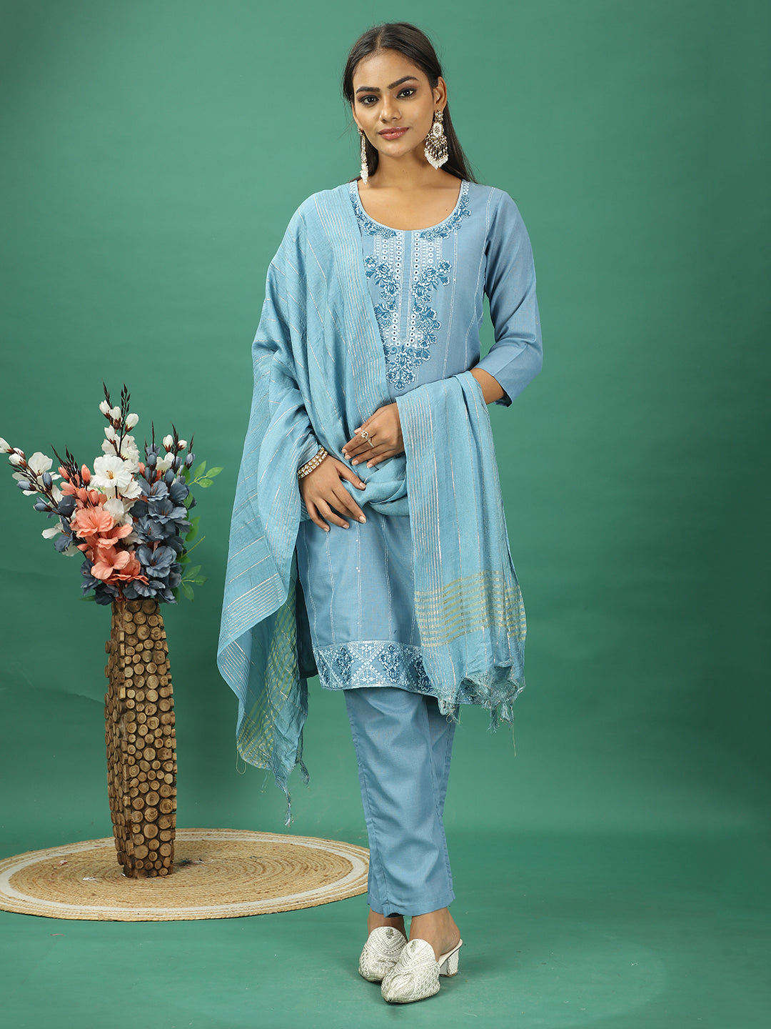 Bollywood Vogue Ready To Wear Blue Rayon Embroidered Straight Pant Suit - Front View