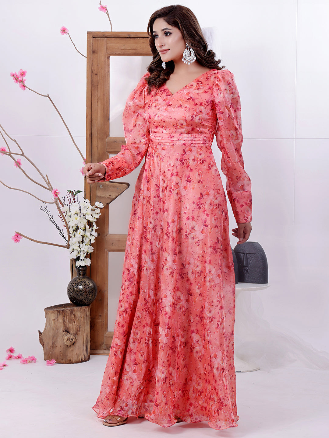 Bollywood Vogue Ready To Wear Multicolored Organza Satin Overlapped Style Gown - Side View