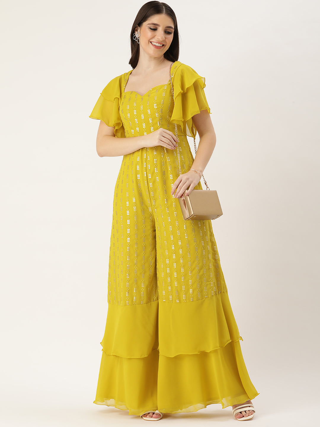 Bollywood Vogue Ready To Wear Mustard Sequins Embroidered Georgette Jumpsuit - Front View