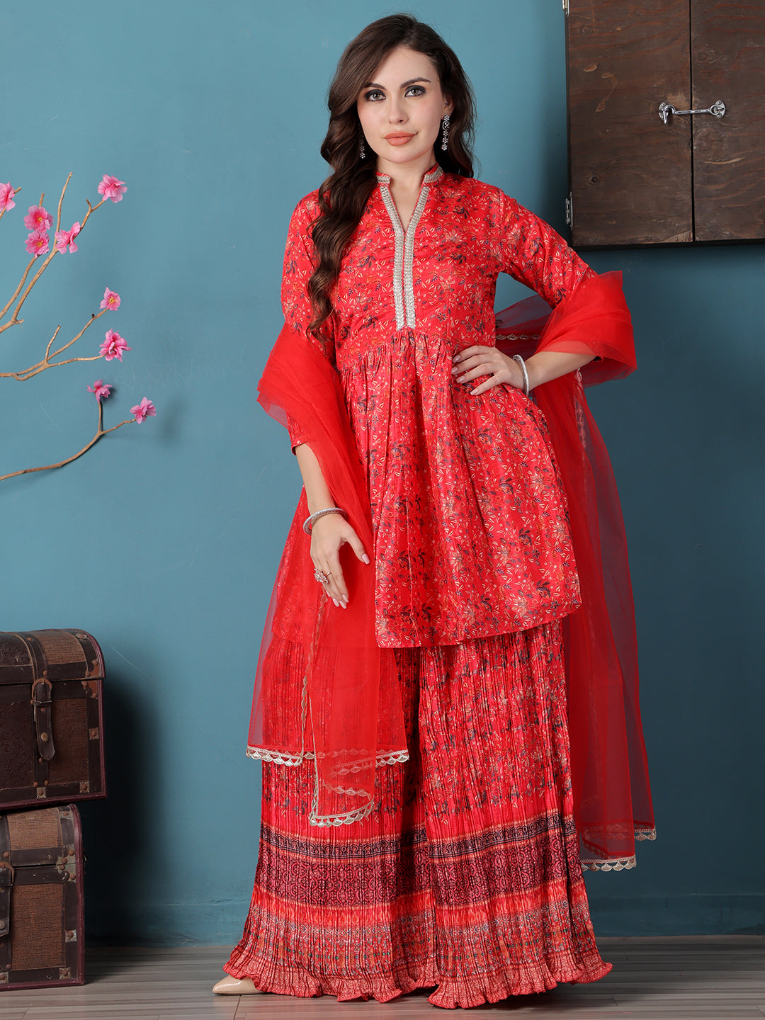 Bollywood Vogue Ready To Wear Red Chinon Digital Printed Palazzo Suit - Front View