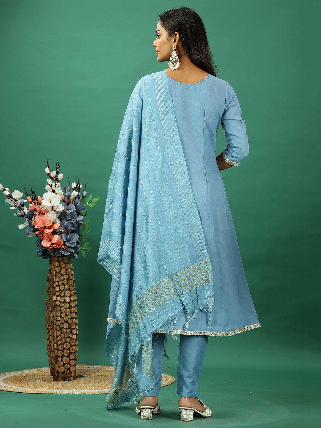 Bollywood Vogue Ready To Wear Blue Rayon Embroidered Narrow Straight Pant Suit - Back View