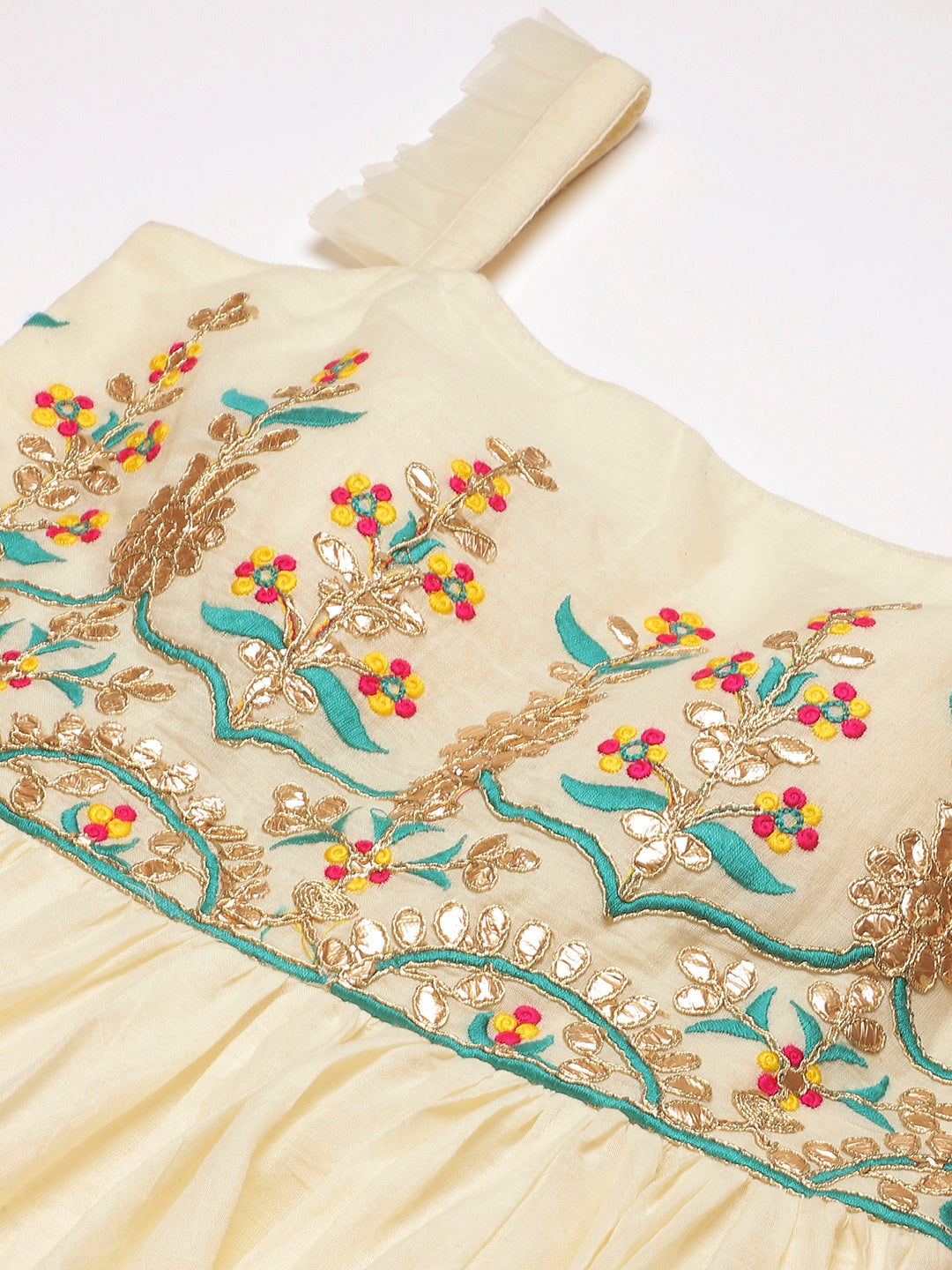 Bollywood Vogue Ready To Wear Off White Gota Patti Cotton Embroidered Gown - Detail View