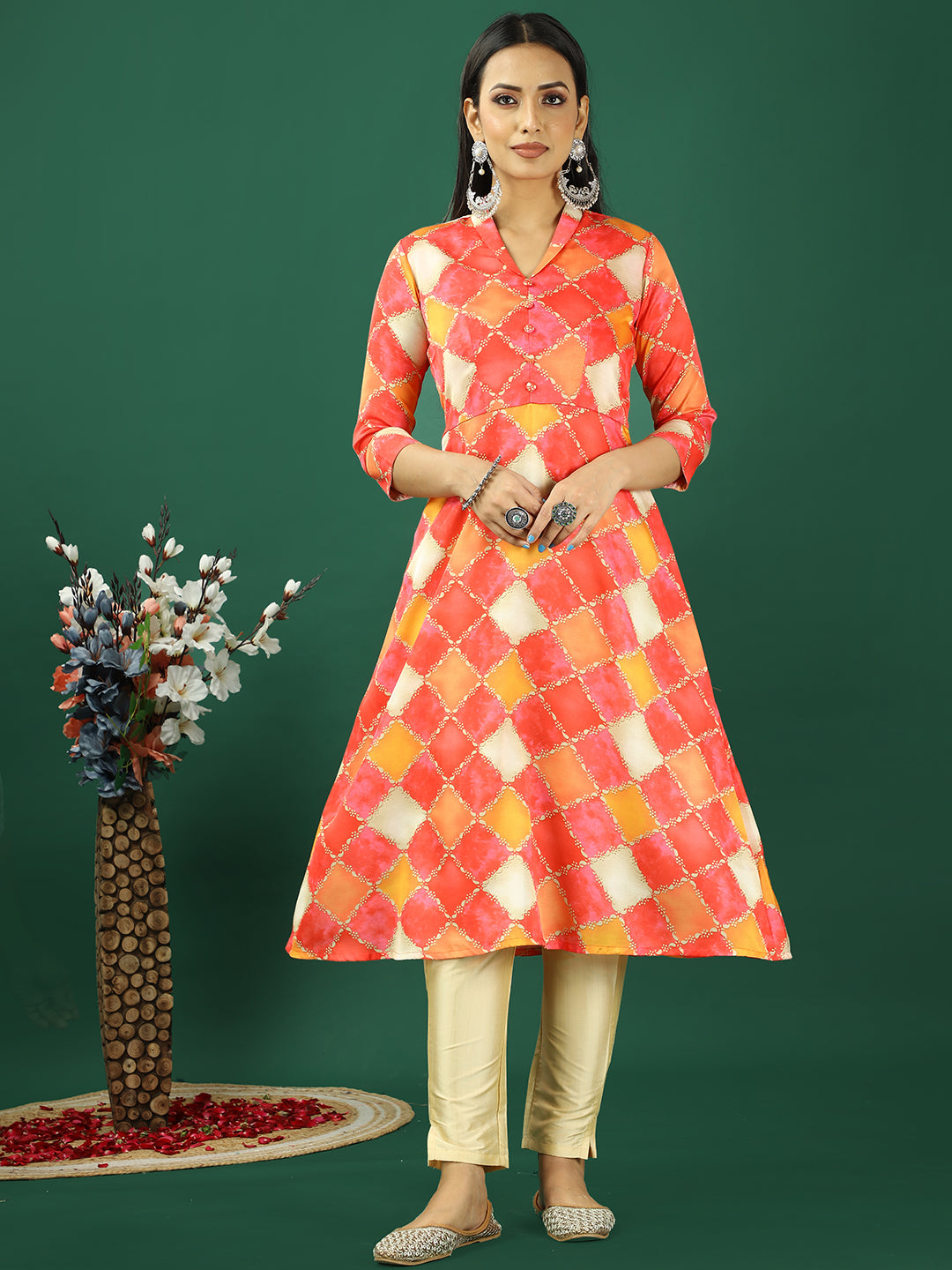 Bollywood Vogue Ready To Wear Multicolour Cotton Printed Shawl Collar Kurta Set - Additional View 1