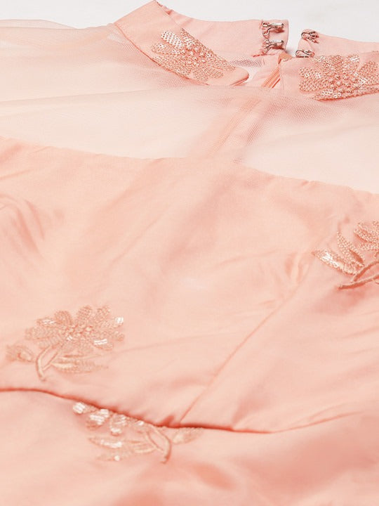 Bollywood Vogue Ready To Wear Peach Organza Embroidered Midi Dress - Detail View